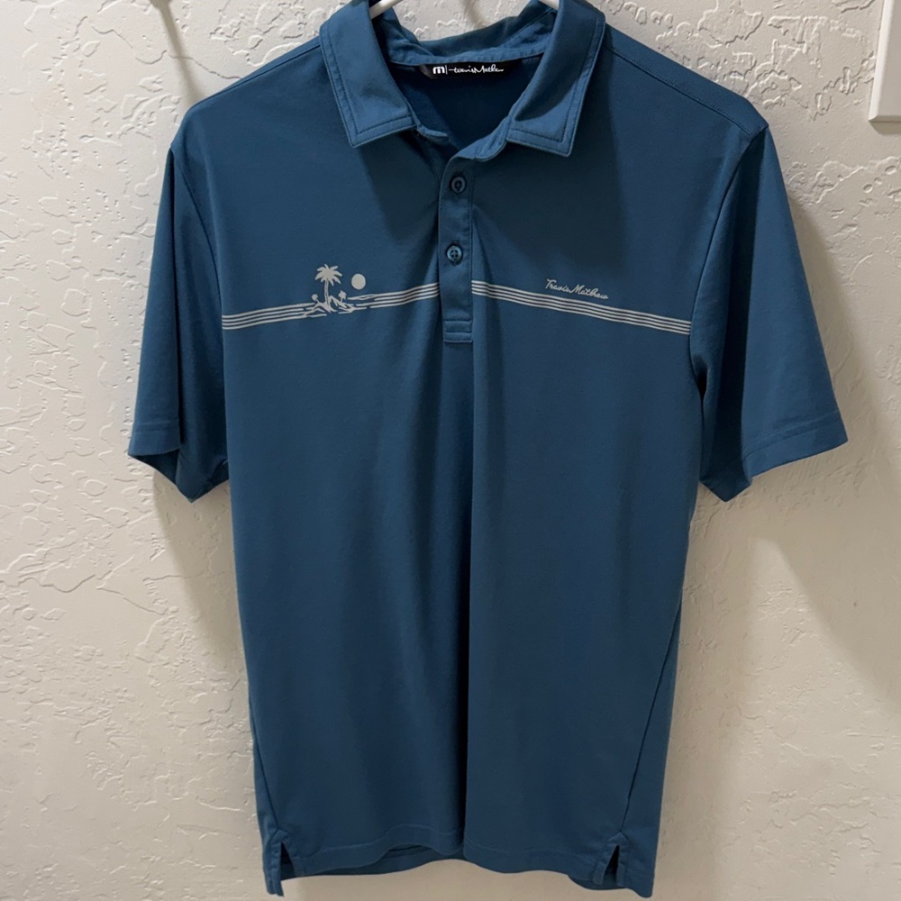 Travis Mathew Blue Palm Tree Polo Shirt Medium